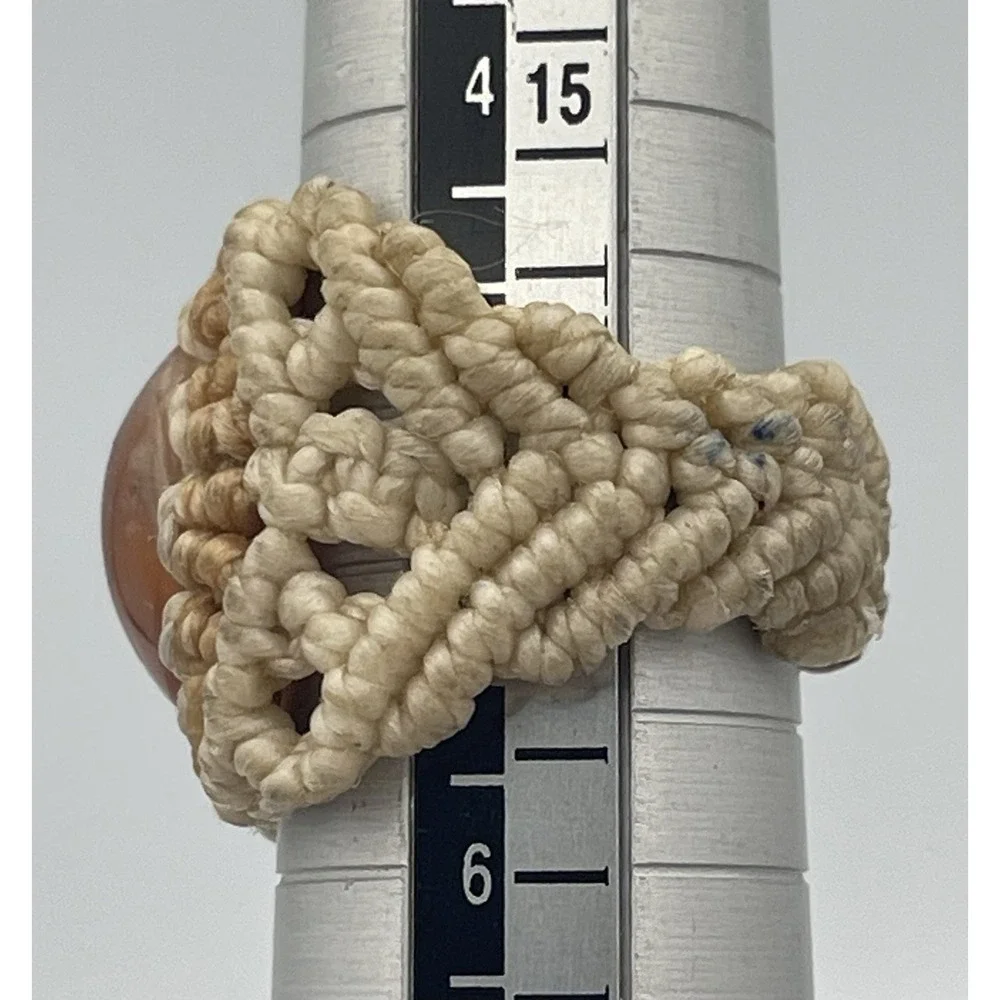Beige Macrame Ring W/ Natural Orange Stone Handmade Bohemian Boho Beach Size 5